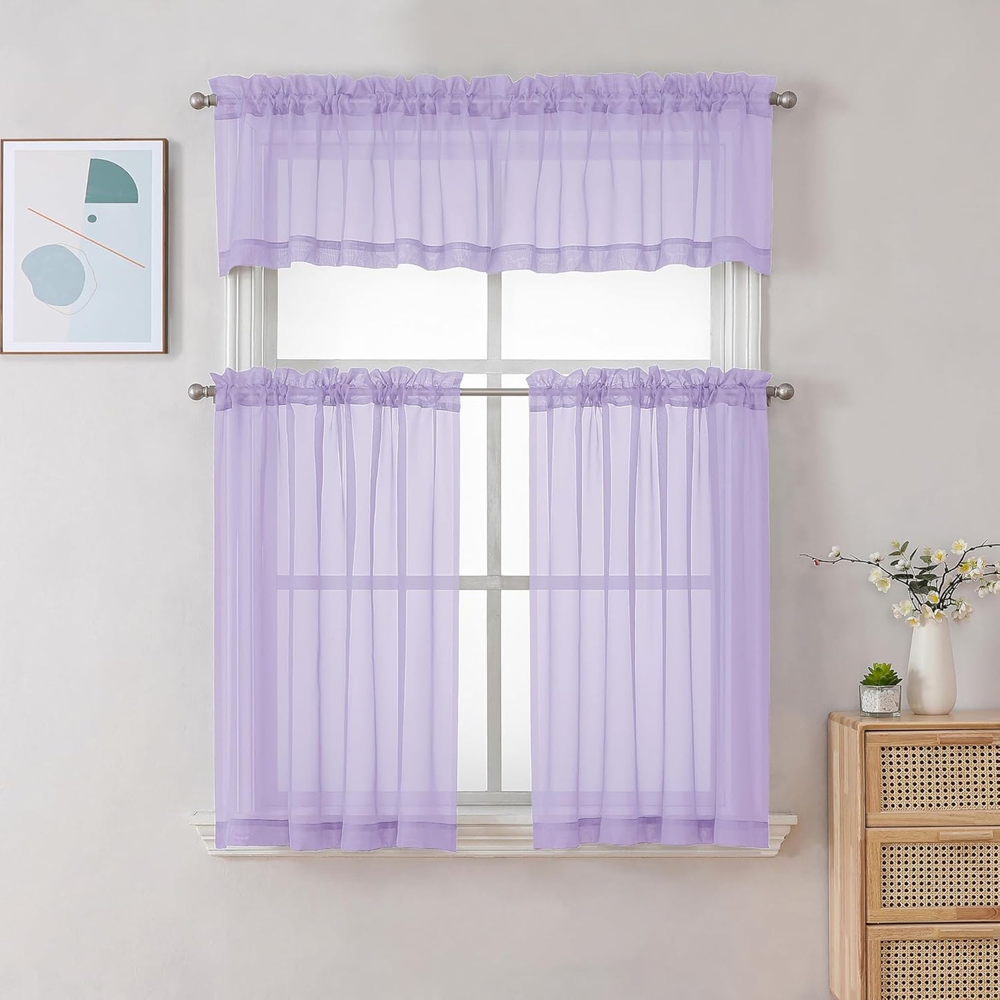 Chyhomenyc Sheer Lilac Valances for Windows 2 Pack, Small Window Curtains for Living Room Bathroom Cafe Laundry Basement, Modern Top Dual Rod Pocket Voile Curtain, 42W x 14L inches, Lilac