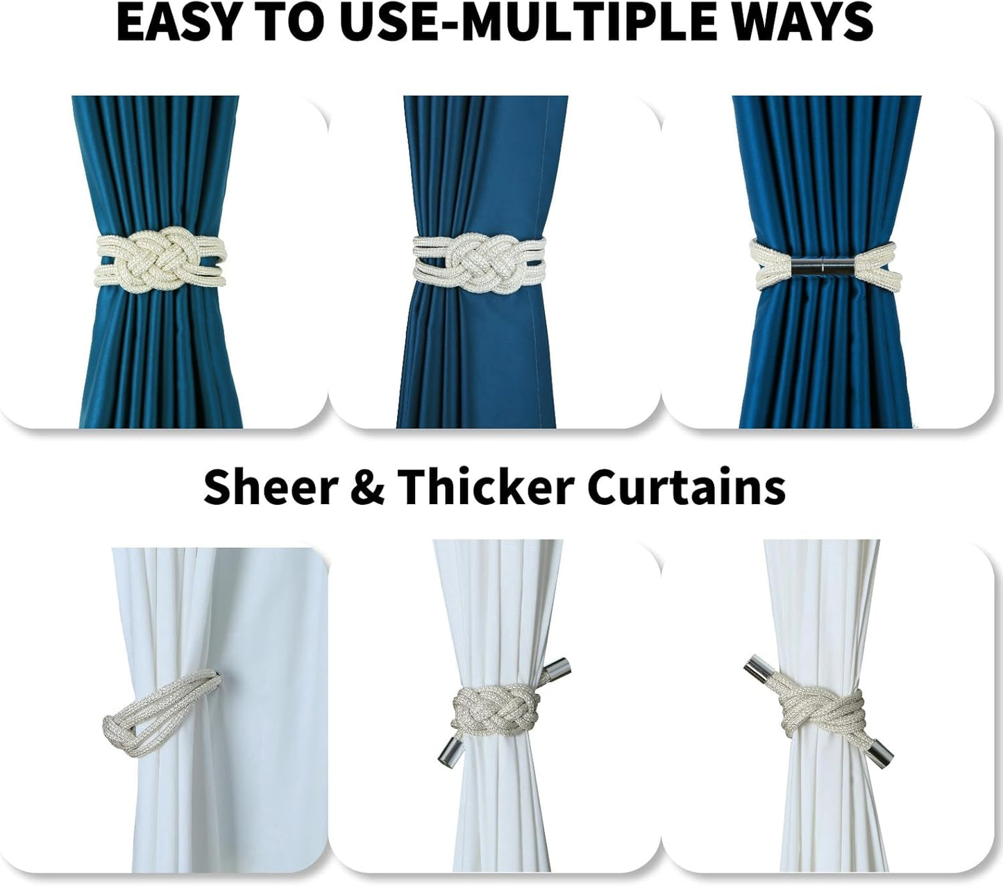 2 Pack Magnetic Curtain Tiebacks, Hand Weave Rope Knot Decorative Curtain Holdbacks for Home & Office Thin Window Drapery (Beige,2P)