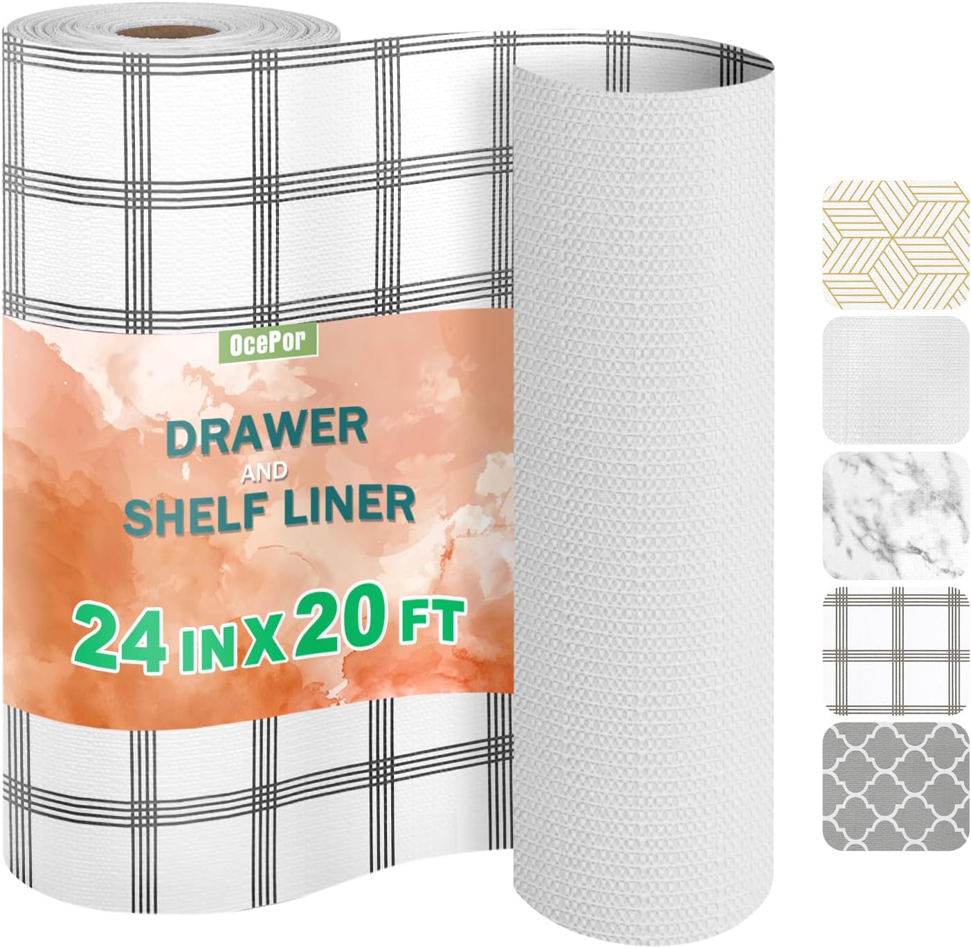 OcePor Non-Adhesive Drawer and Shelf Liner 24IN x 20FT，Non Slip Cabinet and Cupboard Liner, Kitchen Cabinet Liners for Shelves, Waterproof Drawer Shelf Liners for Cabinets/Bathroom Cupboard, Stripe