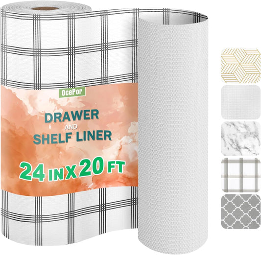 OcePor Non-Adhesive Drawer and Shelf Liner 24IN x 20FT，Non Slip Cabinet and Cupboard Liner, Kitchen Cabinet Liners for Shelves, Waterproof Drawer Shelf Liners for Cabinets/Bathroom Cupboard, Stripe
