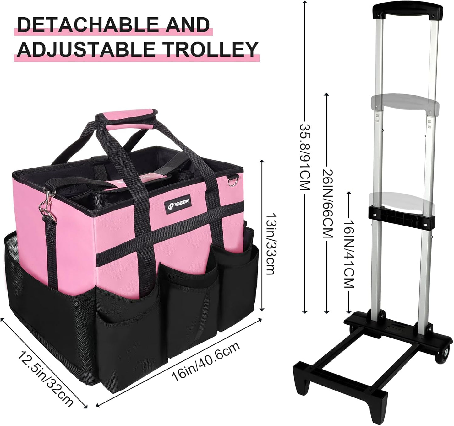 Large Rolling Cleaning Caddy Bag with Wheels, with Detachable Trolley, Cleaning Bags on Wheels for Housekeepers, Cleaning Cart Supplies Organizer for Home, Car, Picnic (Pink)