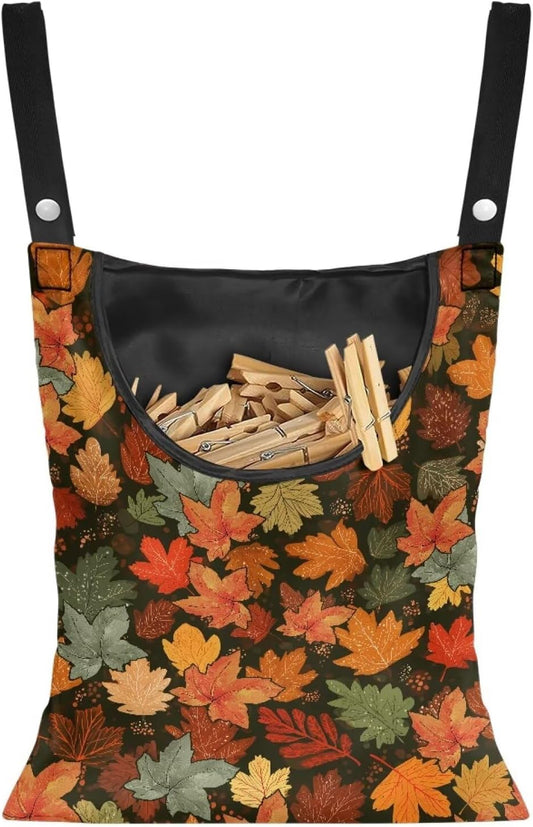 Fashion Maple Leaf Laundry Clothespin Holder Bag - 12x14.5 Inch Waterproof Hanging Organizer with Large Opening for Patio & Home