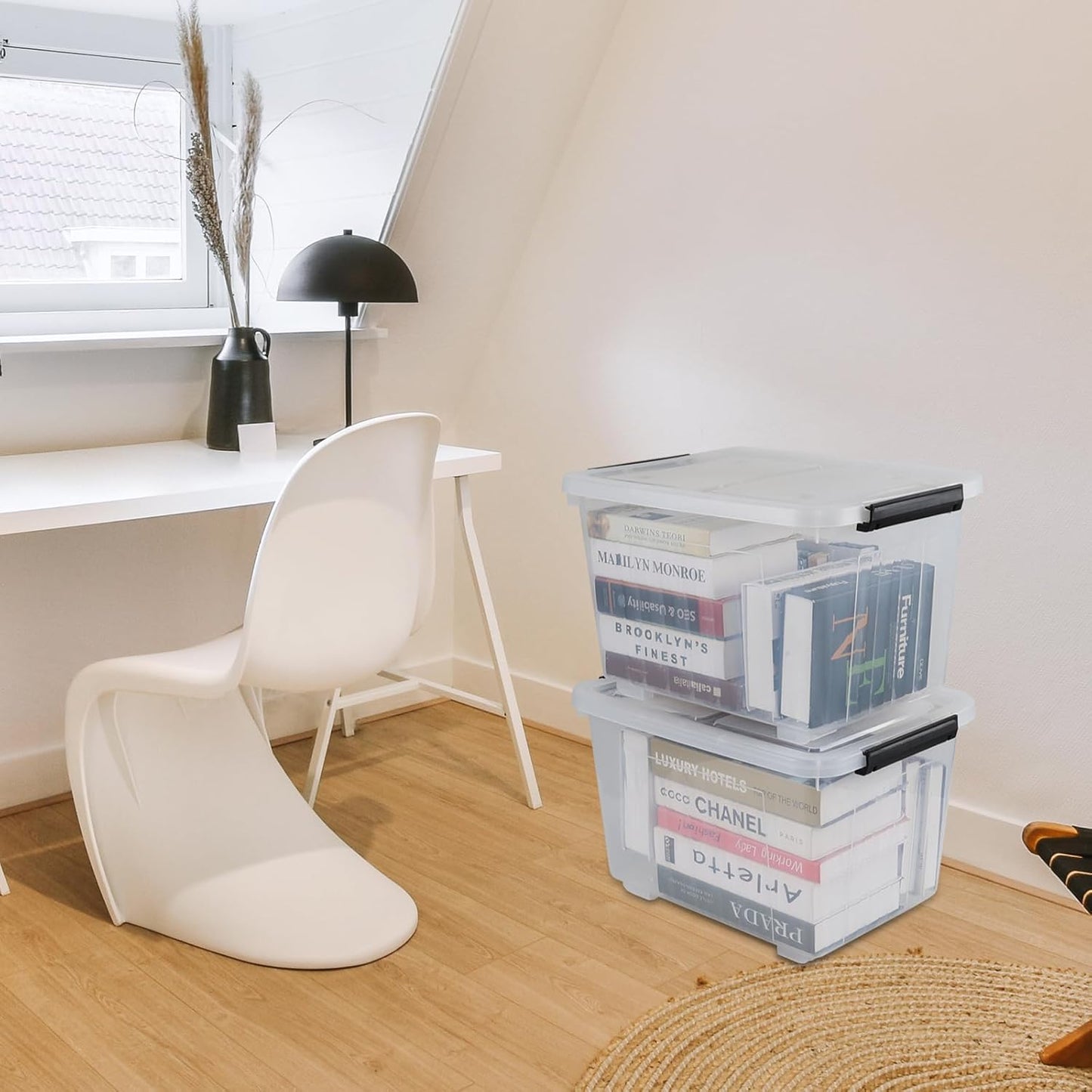 30 Quart Clear Plastic Latch Storage Bins with Wheels, 4-Pack Wheeled Clear Storage Totes