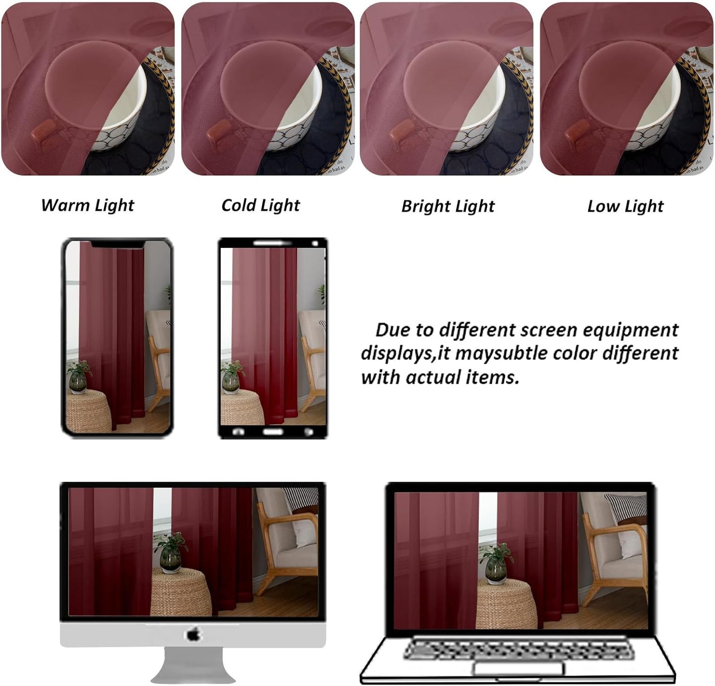 Chyhomenyc Burgundy Sheer Curtains 84 Inches Long 2 Panels Set, Light Filtering Voile Window Drapes for Bedroom Living Room, 42Wx84L Inch, Burgundy, 2PCS