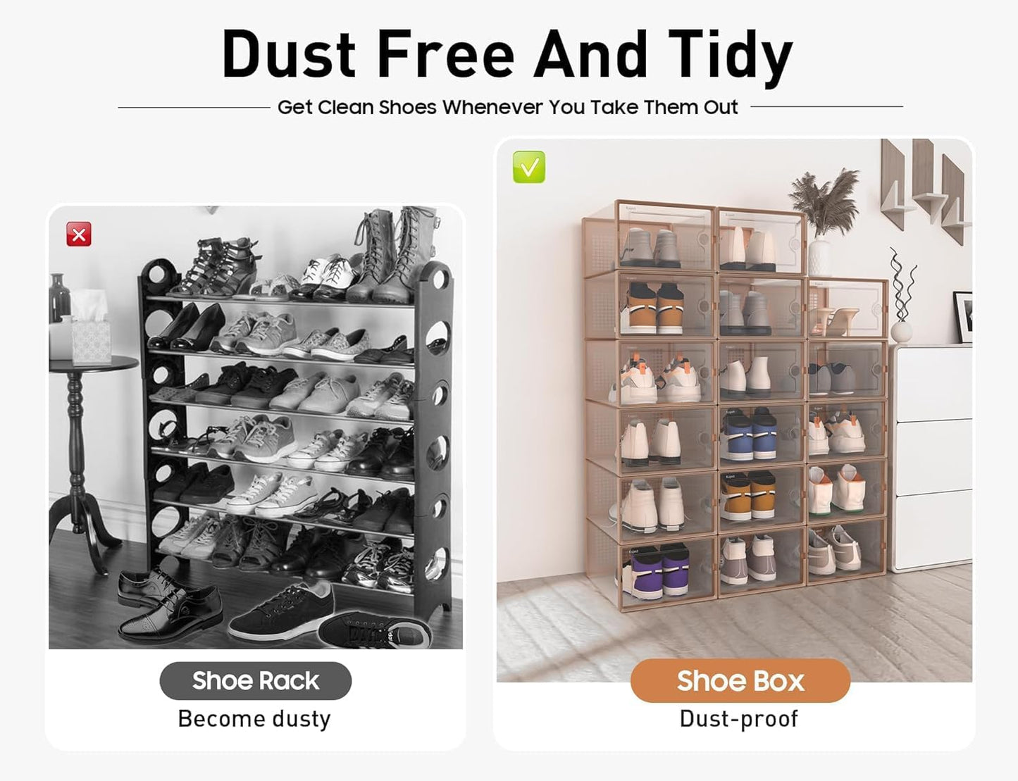 Kuject X-Large Shoe Storage Boxes Organizers for Closet 12 Pack, Fit Size 11,Clear Plastic Stackable Sneaker Containers for Entryway, Space Saving Shoe Rack,Substitute for Drawer Organize Unit, Brown