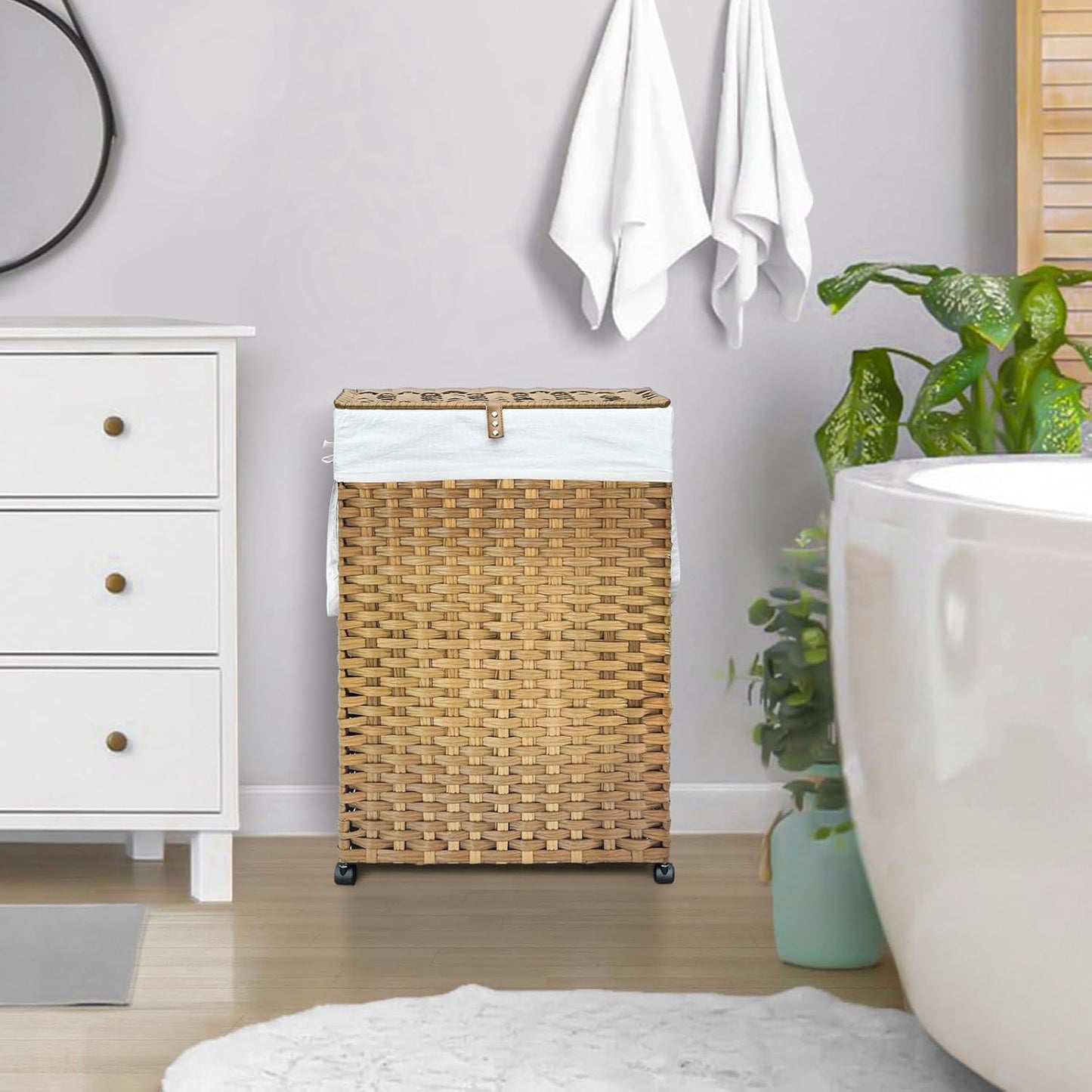 70L Slim Laundry Hamper with Lid & Wheels, 2-Park Rolling Laundry Basket with 4 Removable Liner Bags & 3 Mesh Bags, Narrow Dirty Clothes Basket, Foldable Handwoven Rattan Laundry Sorter, Natural