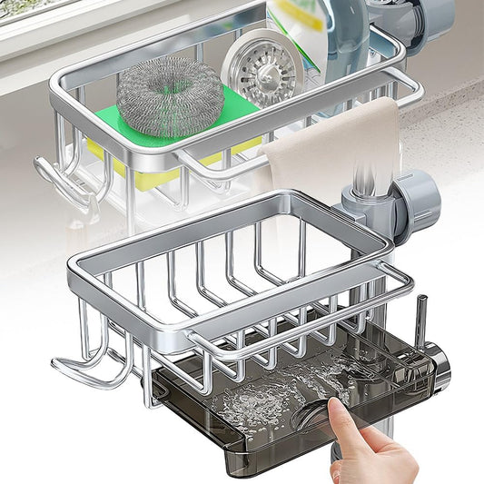 Sink organizer rack for kitchen and bathroom, 2024 New Kitchen Sink Faucet Organizer with Drip Tray Faucet Sponge Holder (Silver, Left)