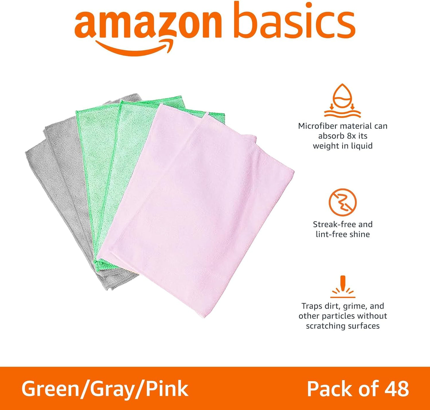 Amazon Basics Microfiber Cleaning Cloths, Non-Abrasive, Reusable and Washable, Pack of 48, Green/Gray/Pink, 16" x 12"