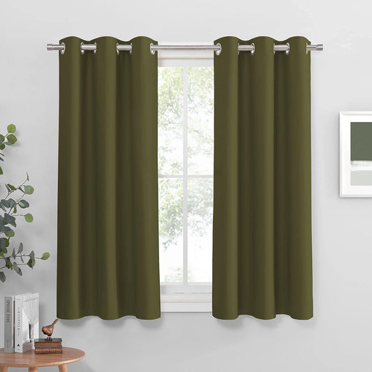 PONY DANCE Bedroom Curtains Blackout - Thermal Drapes Heavy Duty Light Blocking Shandes Grommet Top Window Treatments Cover Noise Reducing, W 42 x L 45 in, Olive Green, 2 PCs