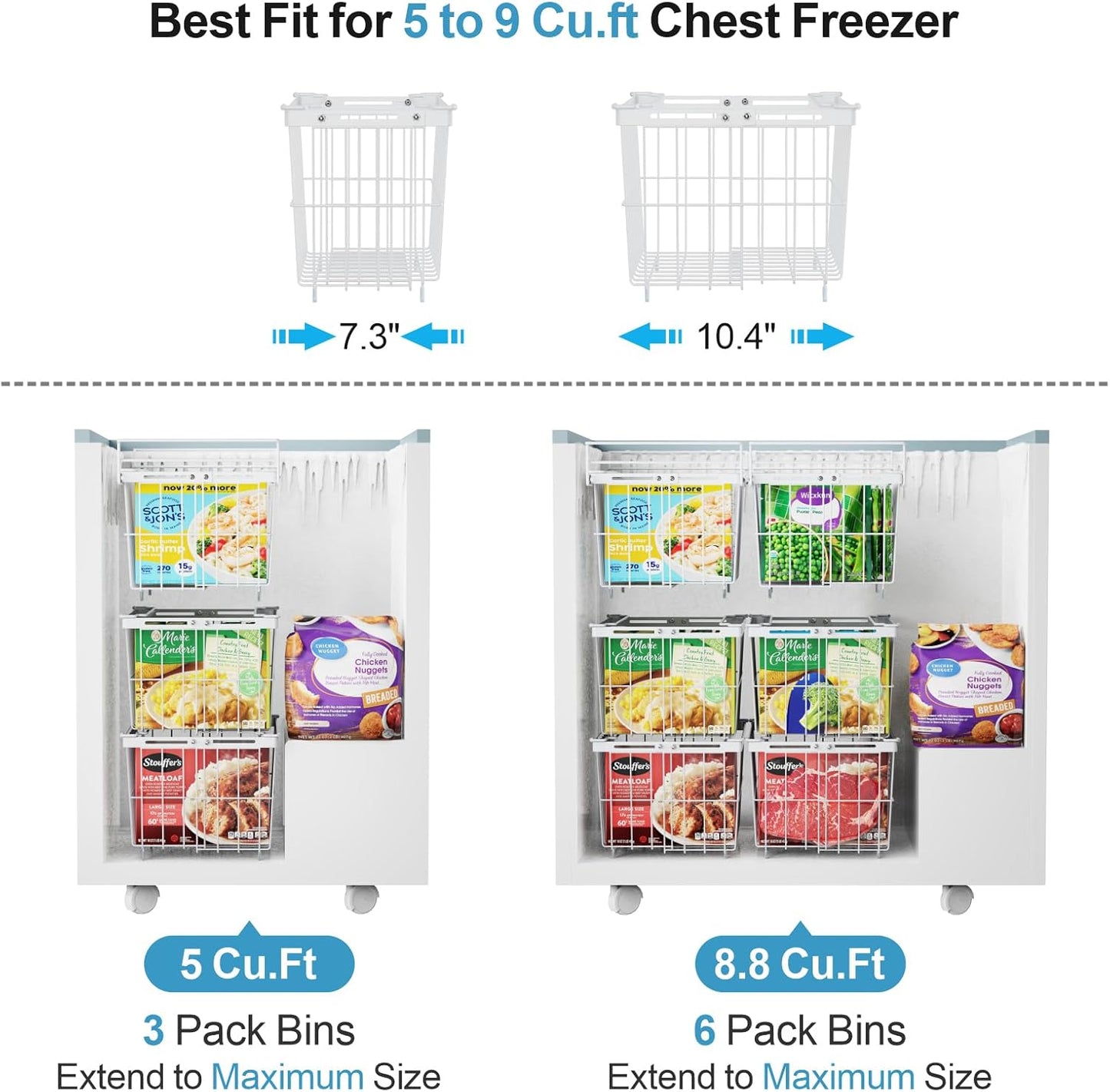 iSPECLE Freezer Organizer Bins - 2 Pcs Hanging Baskets for Deep Freezer, Adjustable Wider & Deeper Chest Freezer Organizer Bins for 5 to 9 Cu Ft, Extra Large & Easy Organize, White