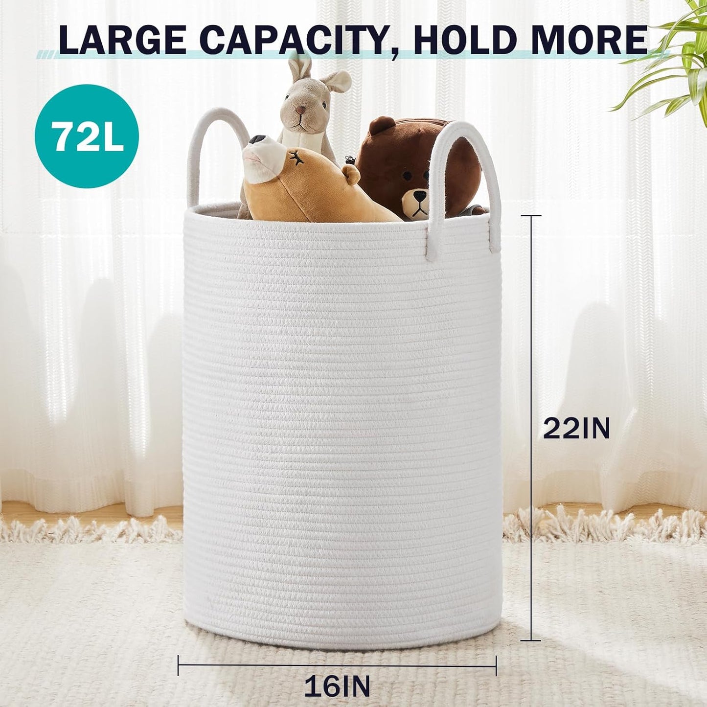 Woven Rope Laundry Hamper Basket by YOUDENOVA, 72L Tall Luandry Basket, Baby Nursery Hamper for Blanket Storage in Bedroom-Large-Pure White