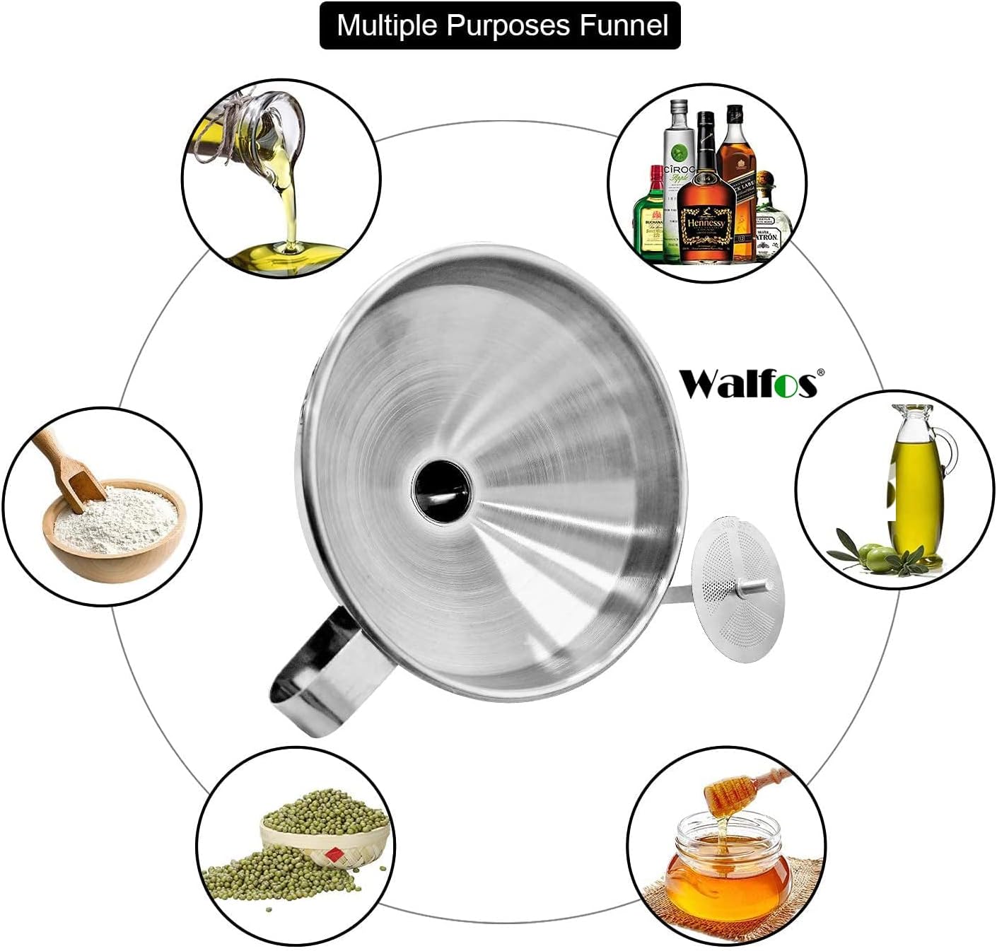 Large Stainless Steel Funnel, Walfos Kitchen Funnel with 2 Removable Strainer ＆ 1Pc Cleaning Brush, Perfect for Transferring of Liquid, Oils, Jam, Dry Ingredients & Powder (Big, 5.7")