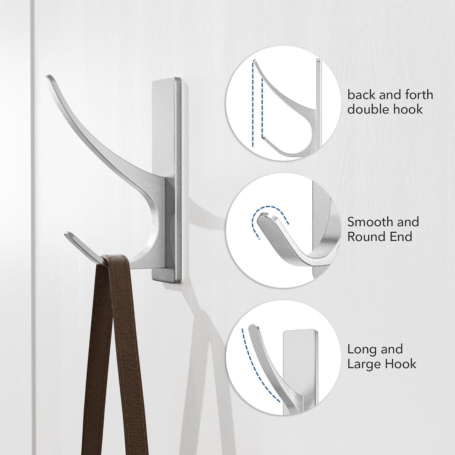 Stick on Hooks for Hanging, Extra Sticky 6KG (Max), Coat Hook on Door for Towel Coat Hat Key, Self Adhesive Hangers Wall Mounted, Silver, 6 Pack