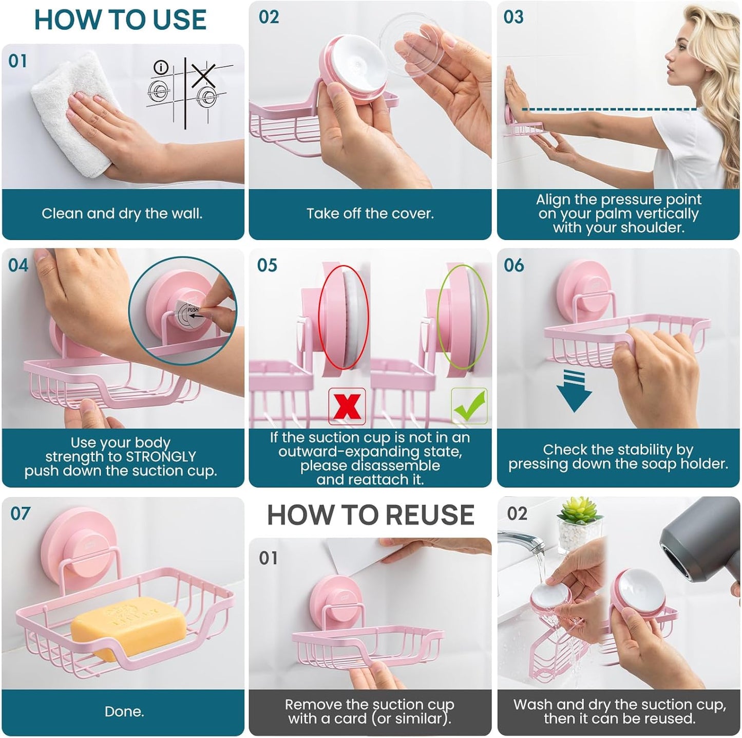 TAILI Soap Holder Bar Dish Suction Cup, Bar Shampoo Rack for Shower Wall, Draining Soap Saver Tray for Bathroom, Rustproof Stainless Steel Sponge Holder for Tub, Kitchen, Drill-Free, Pink