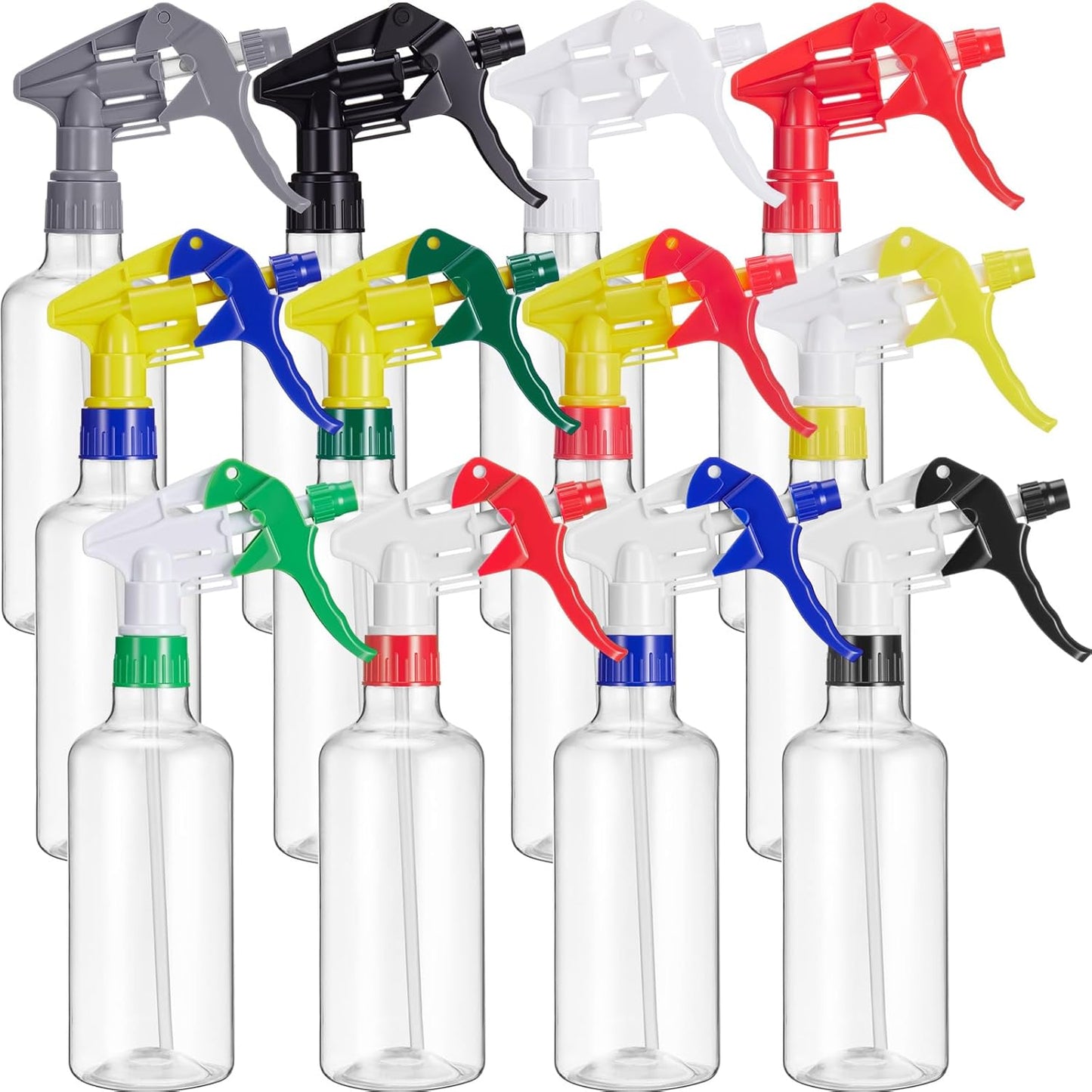 Eccliy 12 Pcs 16 Oz Plastic Spray Bottle, Adjustable Empty Reusable Sprayer for Cleaning, Planting, Water, Bathroom and Kitchen, BBQ, Commercial and Residential(Muticolored,Clear)