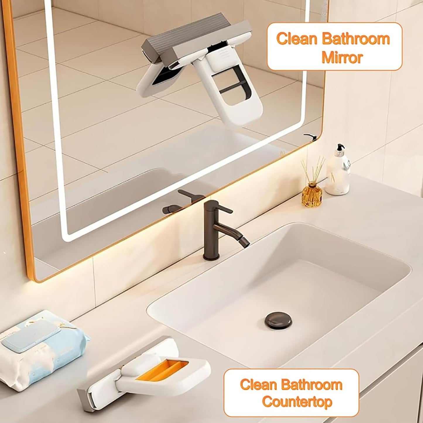 Mini Foldable Desktop Mop, Sponge Mop Wet and Dry Use Cleaning System, Self-Squeeze Small Mop for Bathroom Kitchen Desktop Glass Living Room Car (Orange, 2pcs)