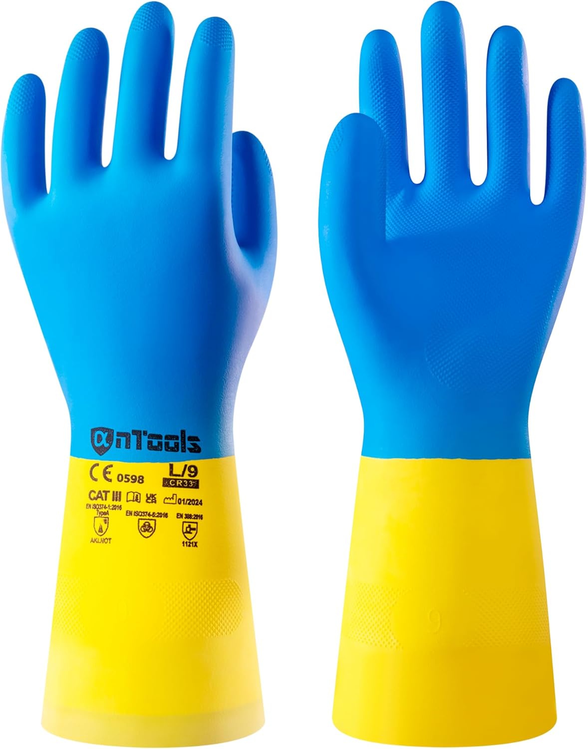 2 Pairs Neoprene and Rubber Blend Heavy-Duty Chemical Gloves, Protective industrial gloves for Resist Acid, Alkali, Hazmat, cleaning, dishwashing, Large