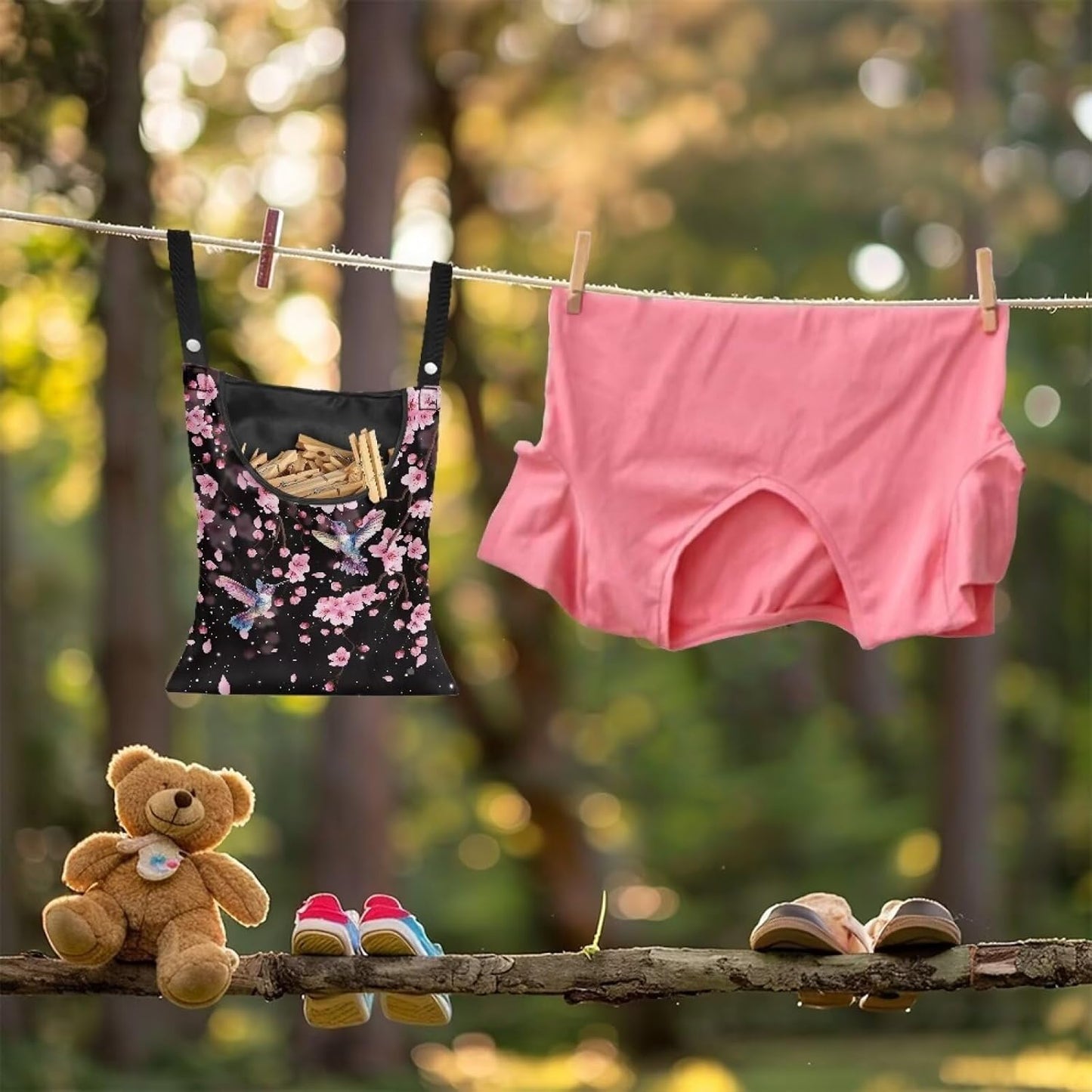 Waterproof Clothespin Bag with Hanger Hook Cherry Blossom Hummingbird - Large Opening Organizer for Balcony, Laundry Room & Apartment Use