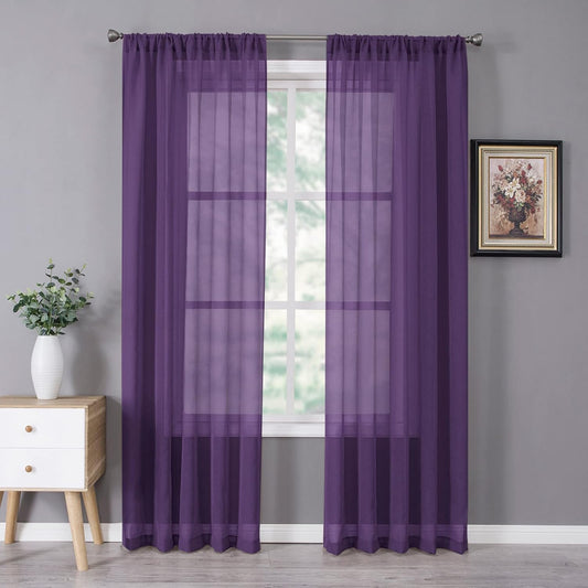 Tollpiz Sheer Curtain Linen Textured Living Room Curtains Sheer Light Filtering Rod Pocket Voile Curtain for Bedroom, 54 x 72 inches Long, Royal Purple, Set of 2 Panels