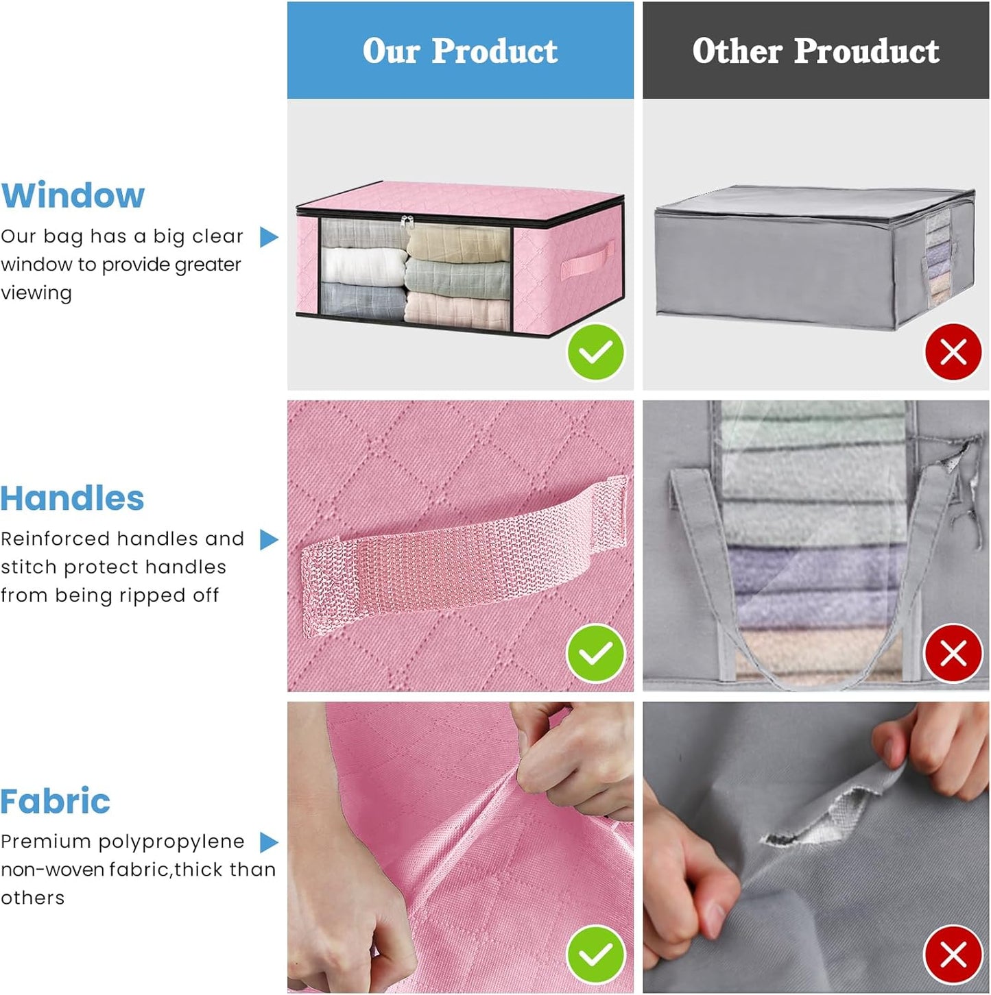 HomeHacks Storage 8-Pack Clothes Organizer Storage Bags Foldable Storage Box with Large Clear Window Sturdy Handles for Closet, Dorm, Pillows, Bedding, Clothes, Blankets, 35L, Pink