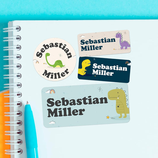 Personalized Name Tag Stickers for Kids (130+ Pack) | Dinosaur Waterproof Labels for School Supplies, Bottles & Lunch Boxes | Custom Vinyl Name Labels for Clothing, Toys & More (A. Baby Dinosaur)