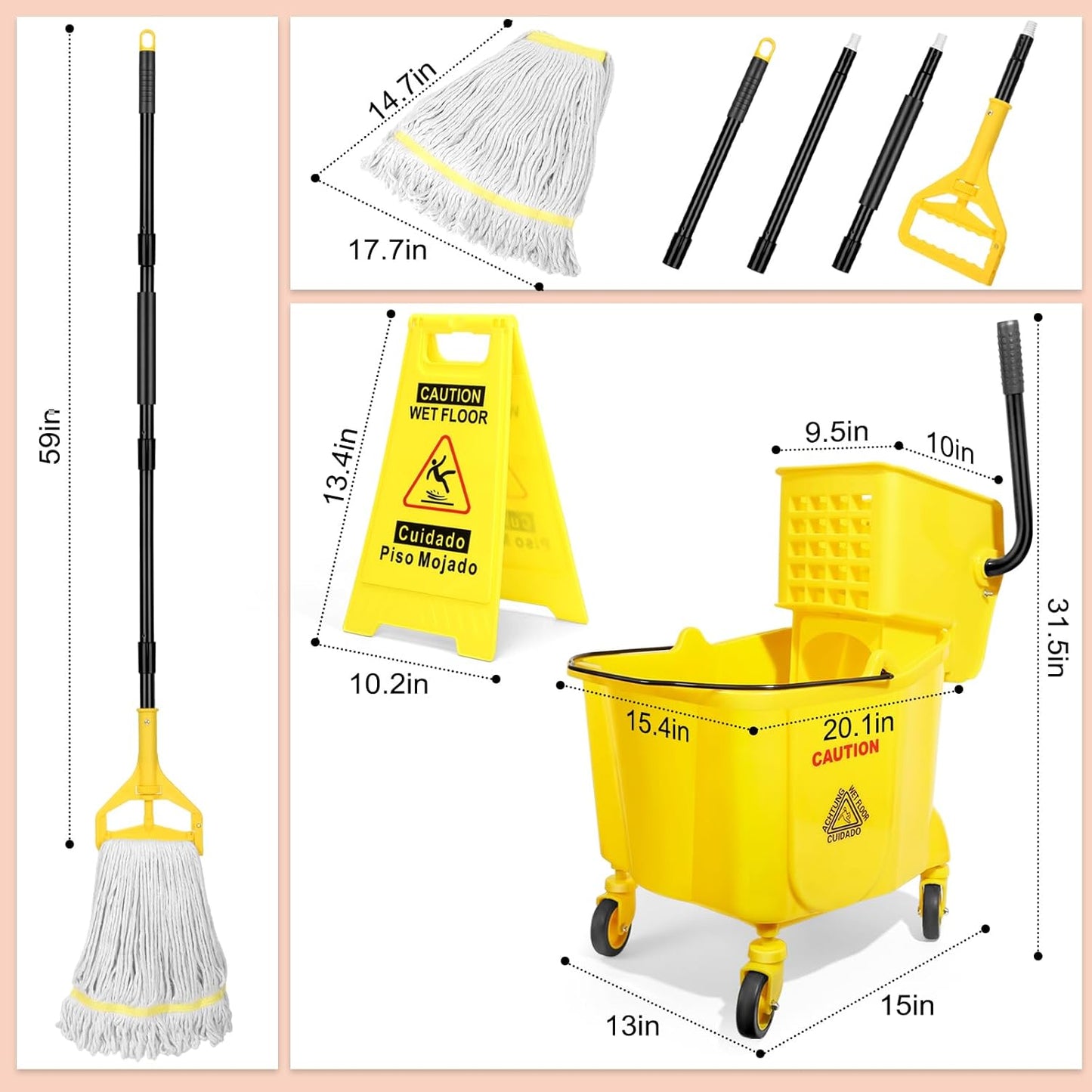 38 Qt Commercial Mop Bucket with Side Press Wringer on Wheels and Mops Set for Floor Cleaning,Including 1 Industrial Mop and Wet Floor Caution Sign,Yellow,Beyoco