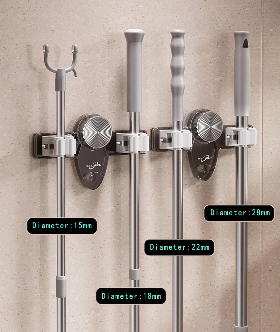 Mop and Broom Holder Wall Mount, No Punching Required Broom and Mop Organizer Wall Hanging with Hooks for Bathroom, Laundry Room, Garage, Kitchen,Garden Tool Organizer Storage (1pcs Gray)