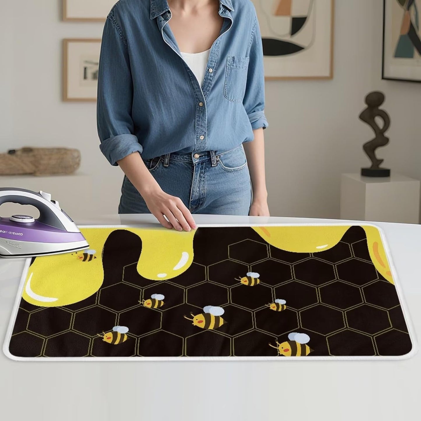 Cute Ironing Mat for Table top Washer,Dryer,Countertop,Bee Portable Iron Pad Blanket for Washer Dryer Countertop Travel 32 x 16 Inch Small Ironing Pads,Yellow