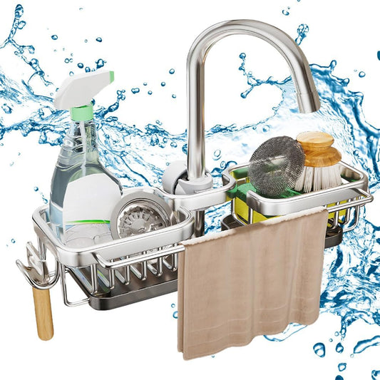 Sink Organizer Rack for Kitchen and Bathroom, 2024 New Kitchen Sink Faucet Organizer with Drip Tray Faucet Sponge Holder (Silver, Left+Right)
