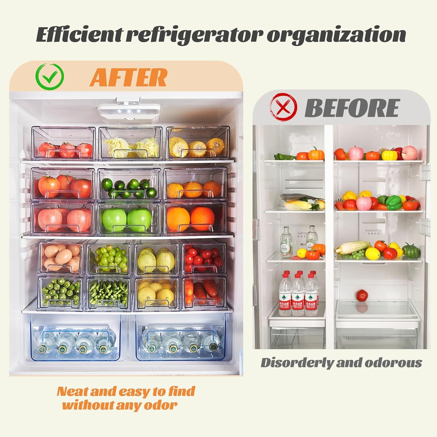 PeJeyiee 2 Pack Clear Stackable Refrigerator Organizers and Storage Drawers - Pull-Out Fridge Bins with Anti-Slip Base & Easy Clean, Plastic Organizers for Kitchen Pantry Cabinet Closet (Medium)