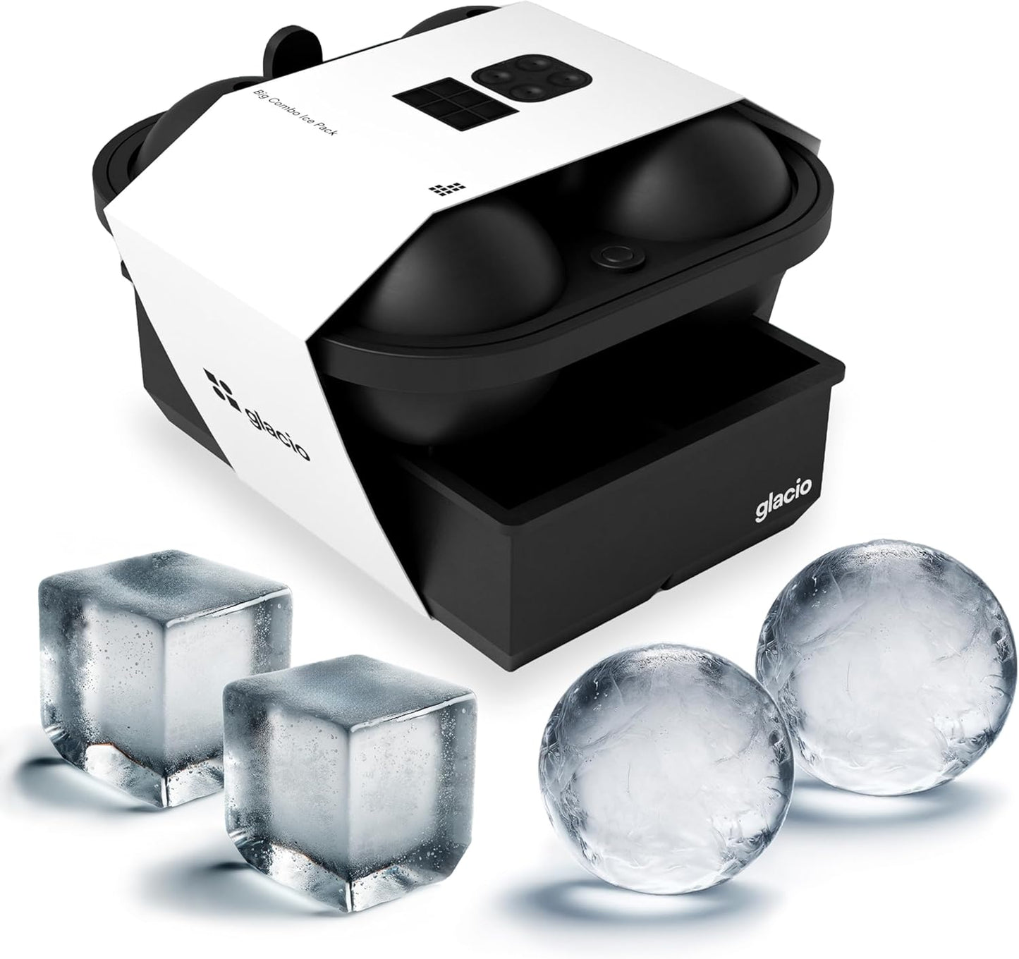 glacio Ball Ice Cube Tray and Big Ice Cube Molds for Whiskey, Slow-Melting, 100% Silicone, No-Plastic, Easy Release, Ideal for Gifting and Elevating Cocktails