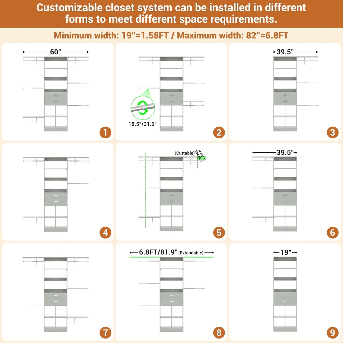 5FT Small Closet System, Baby Closet Organizer System with Wooden Drawers, 60 Inches Walk in Closet System with 5 Hanging Rods and 3 Reversible Hanging Shelving, Crab Green