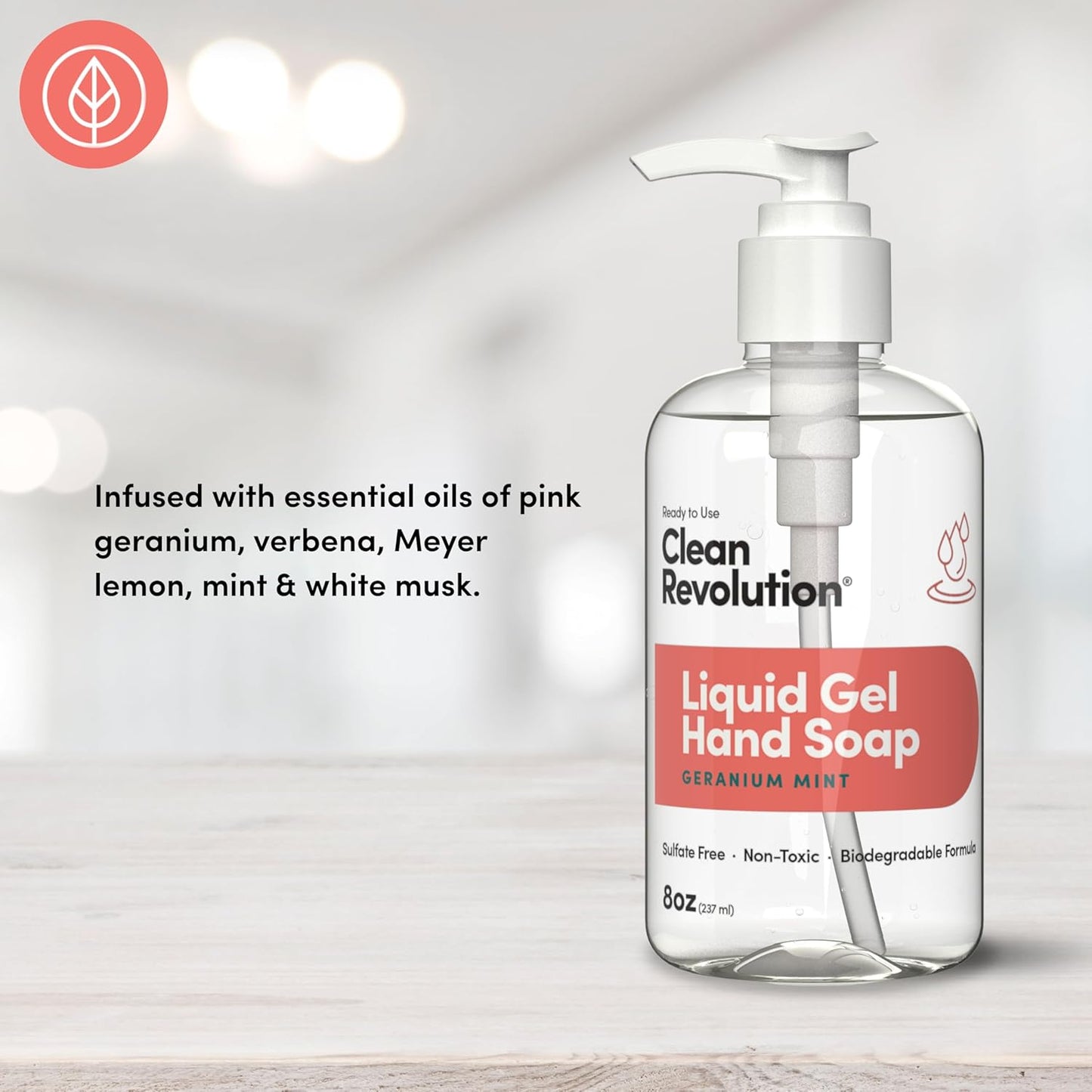 Clean Revolution Liquid Gel Hand Soap, Silky Rich Liquid, Quick Lather, Fast Rinsing, Contains Real Essential Oils (Geranium Mint) 8 Fl Oz