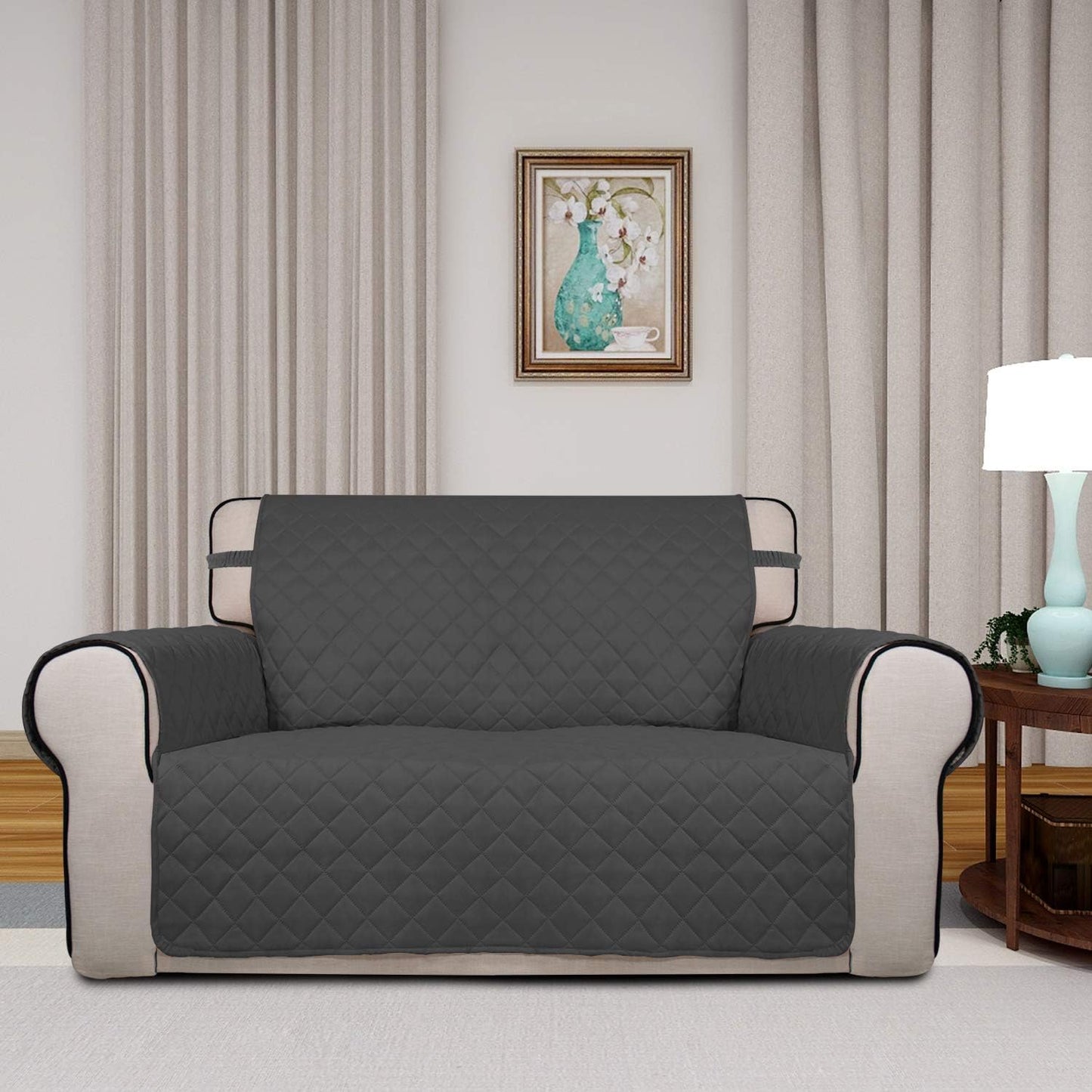 PureFit Reversible Quilted Sofa Cover, Water Resistant Slipcover Furniture Protector, Washable Couch Cover with Non Slip and Elastic Straps for Kids, Dogs, Pets (Loveseat, Dark Gray/Beige)