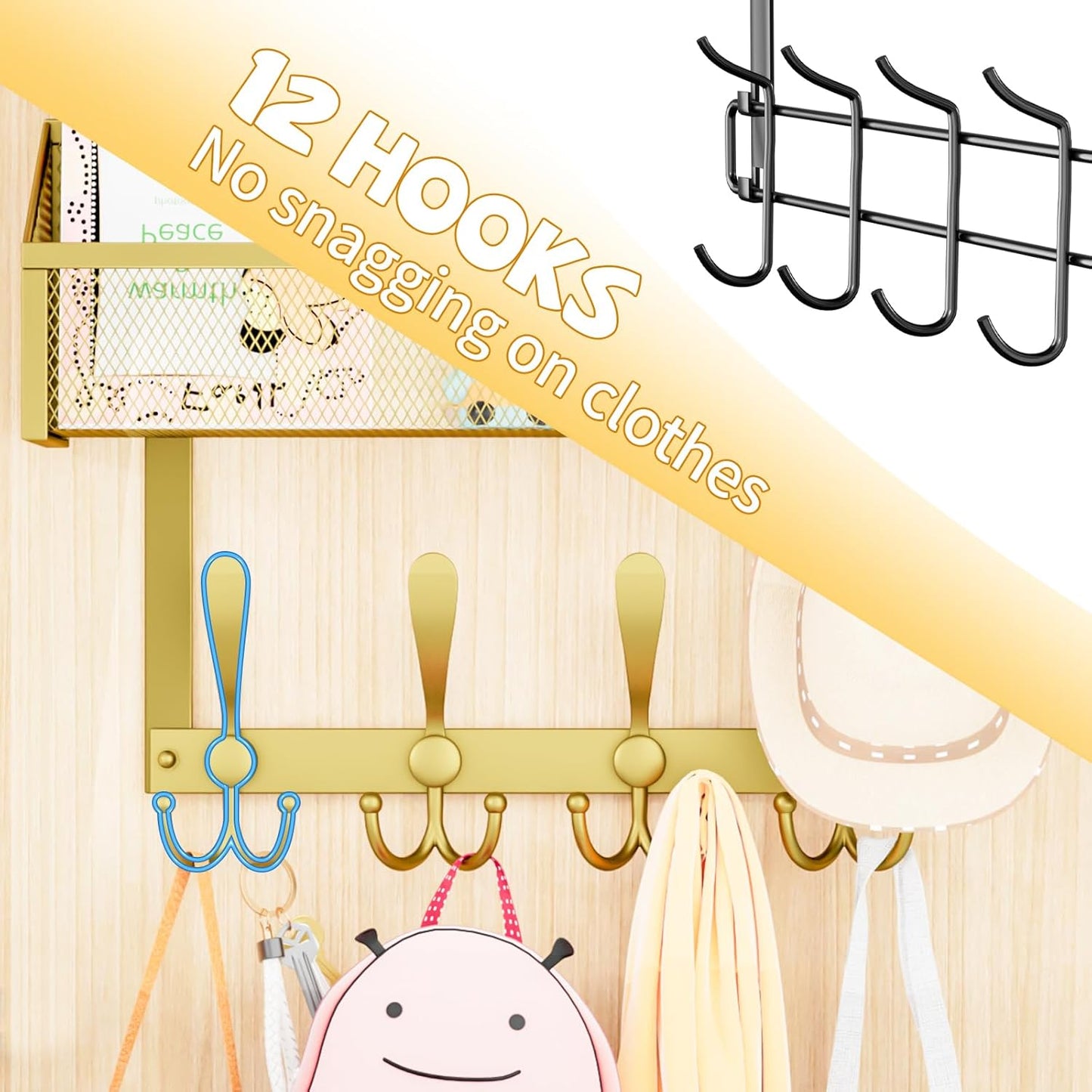 Over The Door Hooks Organizer, Coat Rack Over The Door Storage Hanger Towel Rack, Back of Storage Organizer for Bathroom,Bedroom,Kitchen,Office(Gold 3-Tier)