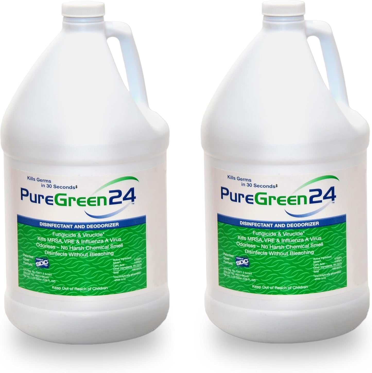 PureGreen24 Safe & Effective Disinfectant. Kills Deadly Germs including RSV COVID-19 Norovirus MRSA Staph 2025 flu Contains no toxic chemicals odorless child & pet safe 2 gallon bottles ready to use