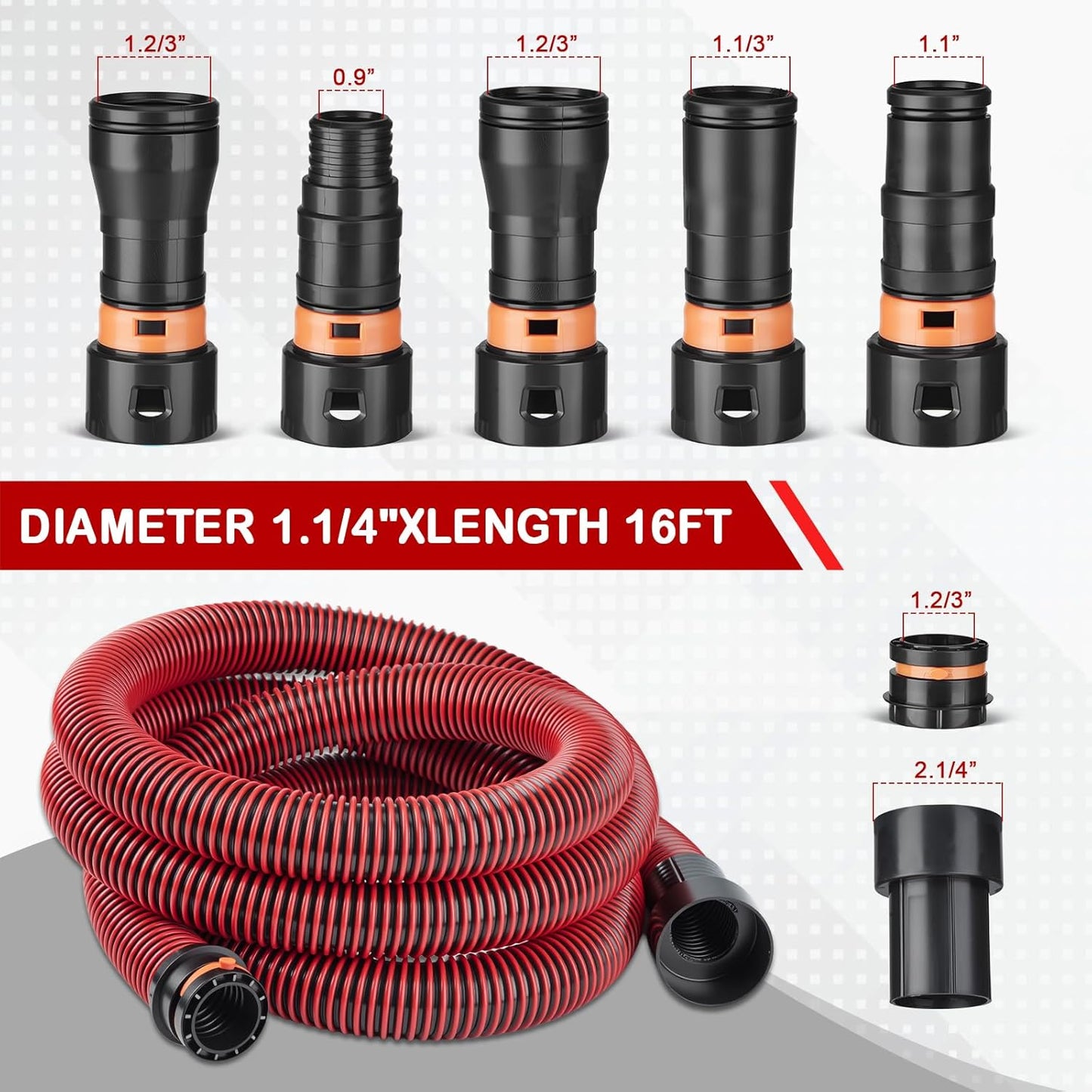16FT Vacuum Hose Extension with 6 Adapter Attachments,Fits 1-1/4" Vacuum Cleaner Hose,Multi-Size Fittings0.9" to 1-3/4",Universal Shop Vac Accessories (Please Confirm Hose Size Compatibility)