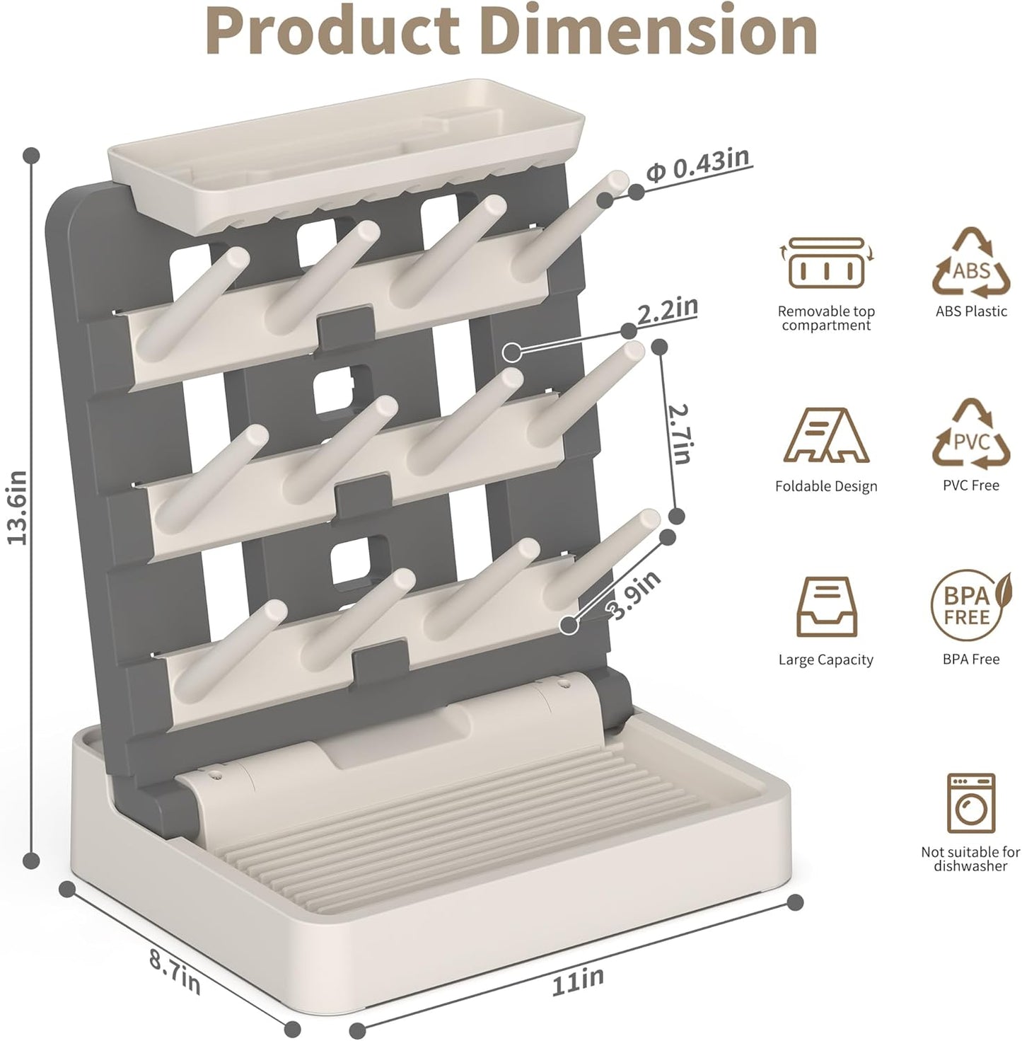 Baby Bottle Drying Rack, Vertical Standing Bottle Dryer Rack Holder-Space Saving Baby Bottle Drying Rack for Countertop-Holds Up to 12 Baby Bottles & Cup(Gray & Khaki)