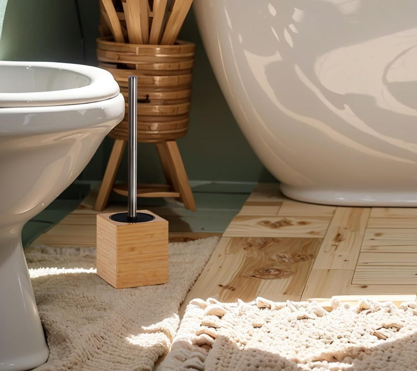 Toilet Bowl Brush Holder with Bamboo and Stainless Steel for Durable Use, Toilet Scrubber Brush with Long Handle for Easy Deep Cleaning, Compact Hidden Bathroom Toilet Cleaner Brush Set