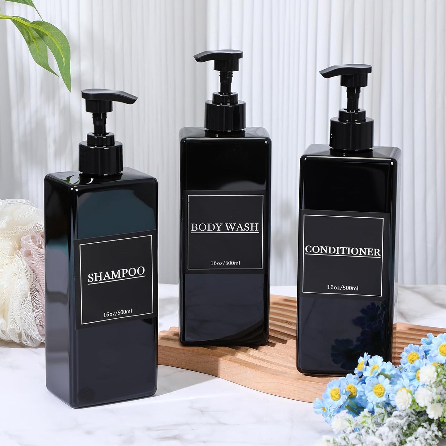 Tanlade 6 Pcs Shampoo and Conditioner Dispenser Bottles 16oz Modern Shower Soap Bottles with Pump, Labels and Marker Pen Easy to Refill Body Wash Dispensers for Home Bathroom Decoration (Black)