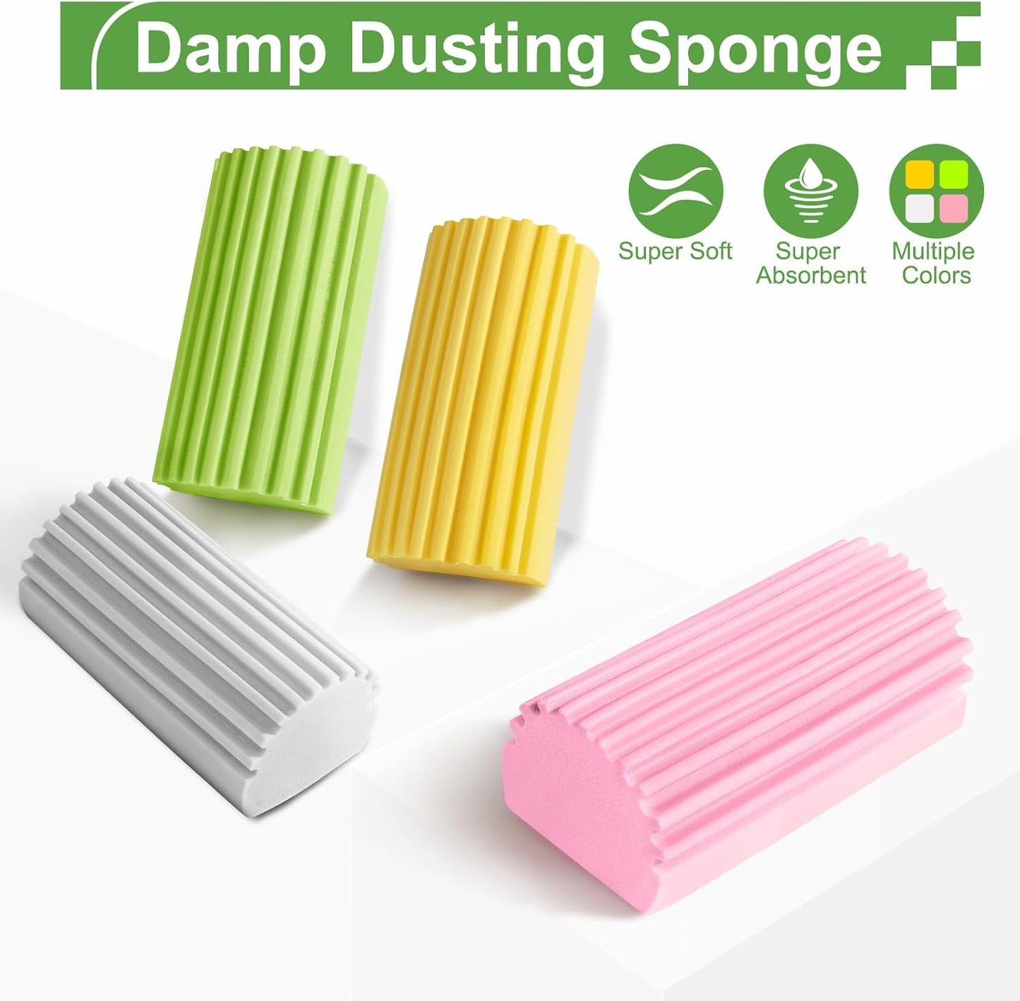 4-Pack Damp Clean Duster Sponge, Sponge Cleaning Brush, Duster for Cleaning Blinds, Glass, Baseboards, Vents, Railings, Mirrors, Window Track Grooves and Faucets Green Non-Scratch Sponges