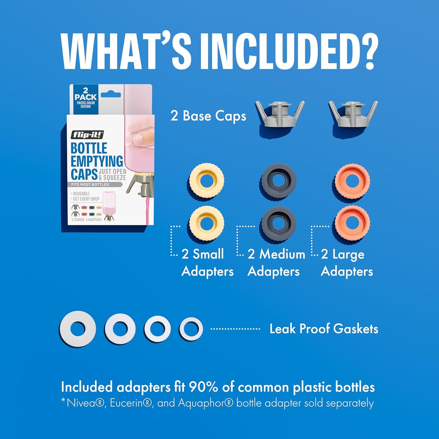 Flip-It! 2-Pack Premium Bottle Emptying Kit – No more wasted product - Fits most plastic bottles – Get out every drop of Shampoos, Lotions, & More – 2 Base Caps, 6 Adapters – Pastel Color Edition