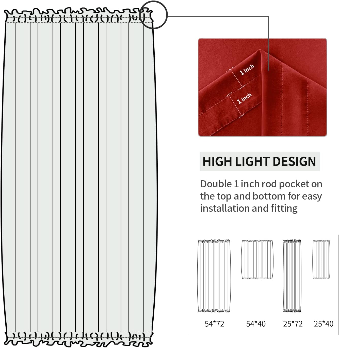DWCN French Door Curtains – Rod Pocket Thermal Blackout Curtain for Doors with Glass Window, Christmas, Kitchen and Patio Doors for Privacy, 25 X 40 Inches Long, 1 Curtain Panel with Tieback, Red