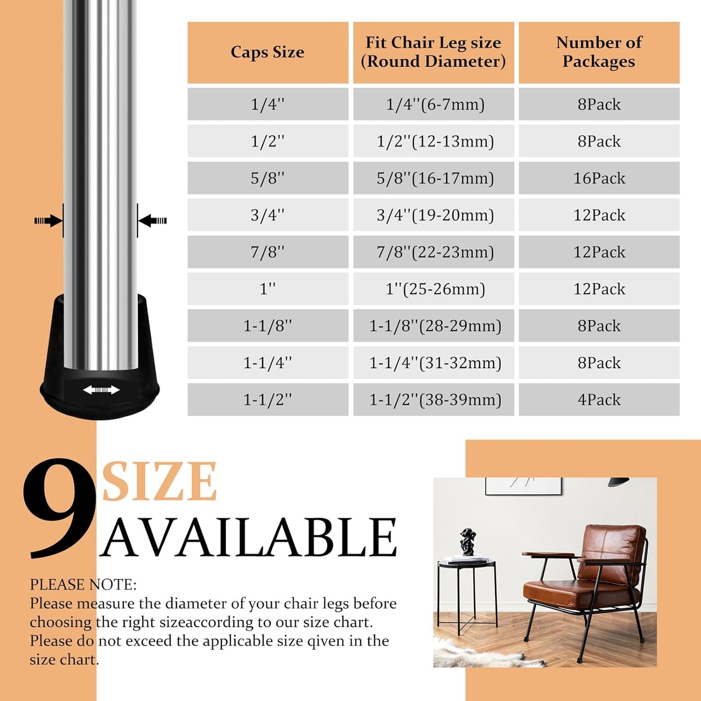 3/4" Round Rubber Chair Leg Tips Caps, Chair Leg Floor Protectors Furniture Legs Caps Non Slip Reduce Noise for Hardwood Floors (Black, 12 Pack)