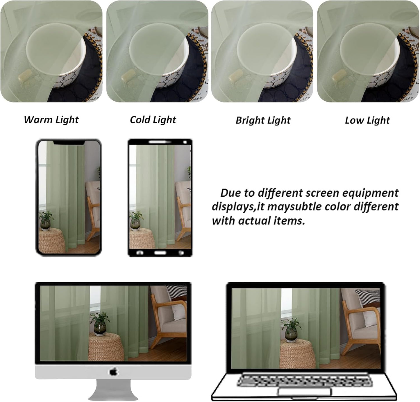 Chyhomenyc Sage Green Sheer Curtains 36 Inch Length, Short Voile Sheer Window Curtians for Small Window Bathroom Cafe Living Room, Set of 2, 42W x 36L inches, Rod Pocket,