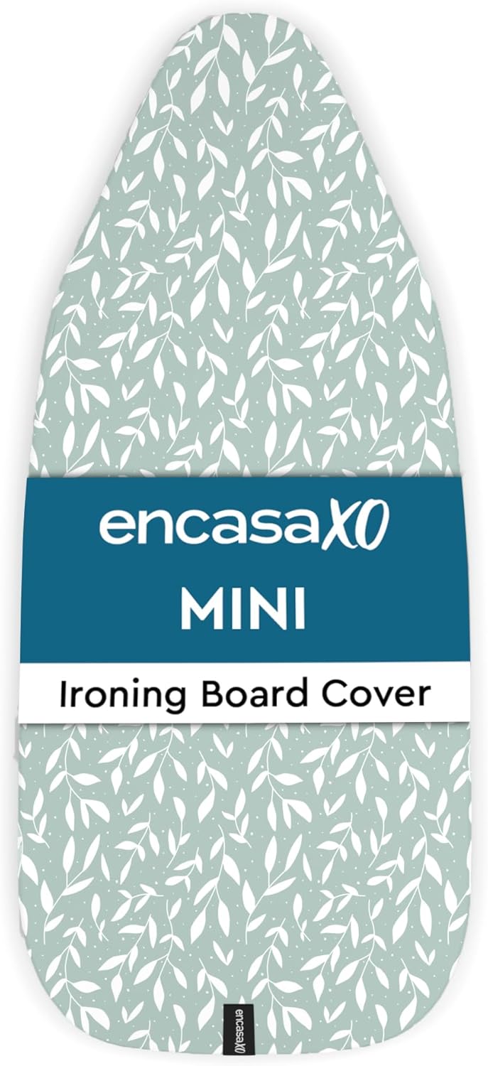 Encasa XO Ironing Board Cover and Pad 28"x12" - Thick 3mm Felt Padding, Drawstring Tightening & Lock, Easy Fit, Scorch & Stain Resistant, Fits Mini Ironing Board - Green Leaflet