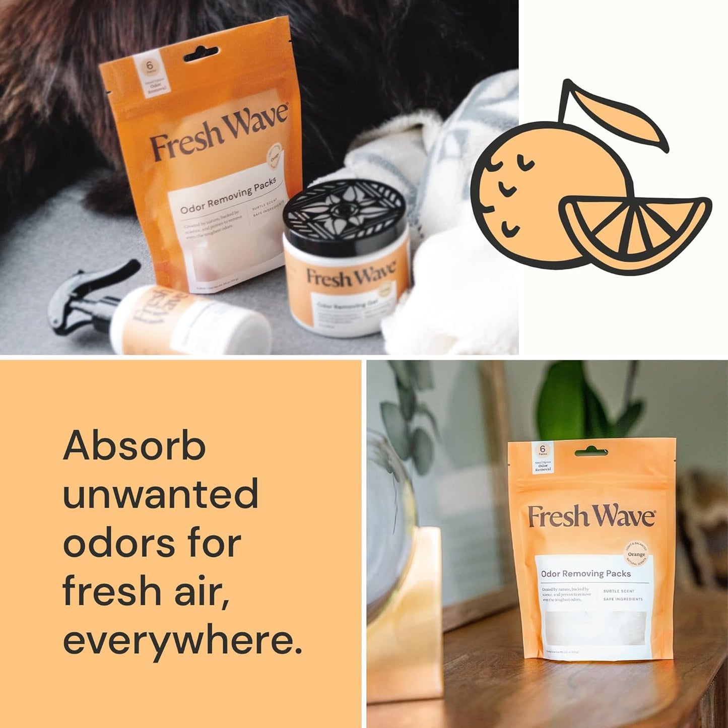 Fresh Wave Orange Odor Eliminating & Deodorizing Packs - Bag of 6 & Fresh Pod Case
