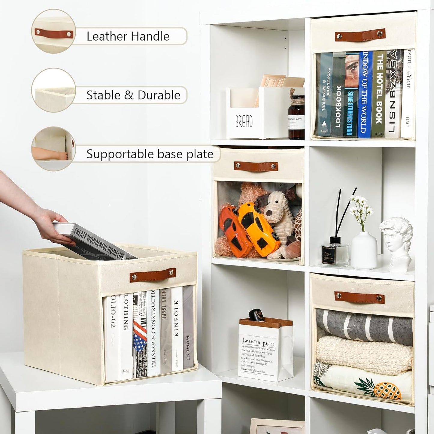 HNZIGE Fabirc Storage Cubes Bin 13x15x13 Clear Storage Cube, 4 Pack Foldable Cloth Cubby Storage Bins for Cube Organizer Closet Cabinet, Large Fabric Storage Bins for Shelves Organizer Bins- Cream