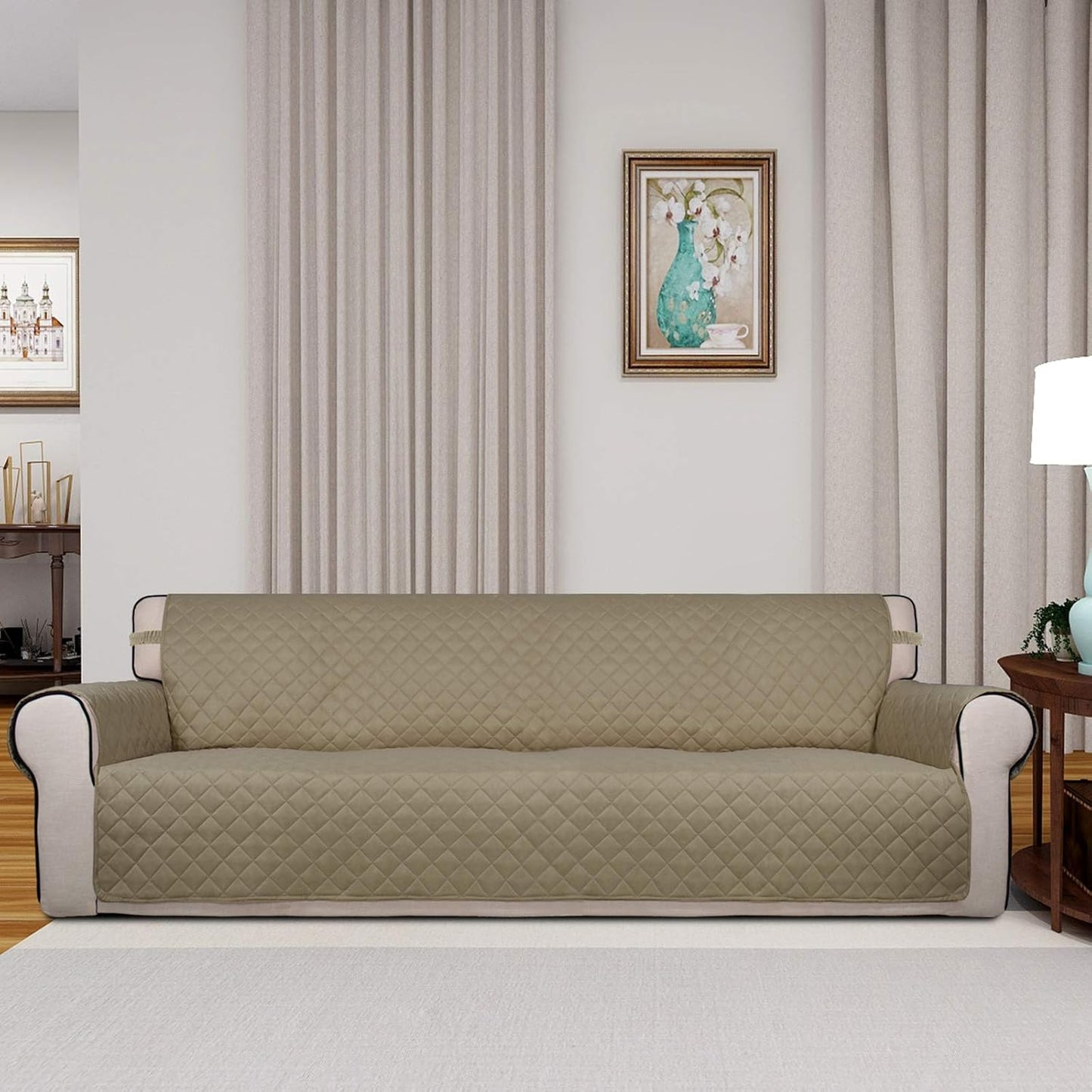 PureFit Reversible Quilted Sofa Cover, Water Resistant Slipcover Furniture Protector, Washable Couch Cover with Non Slip and Elastic Straps for Kids, Dogs, Pets (XX Large, Beige/Beige)