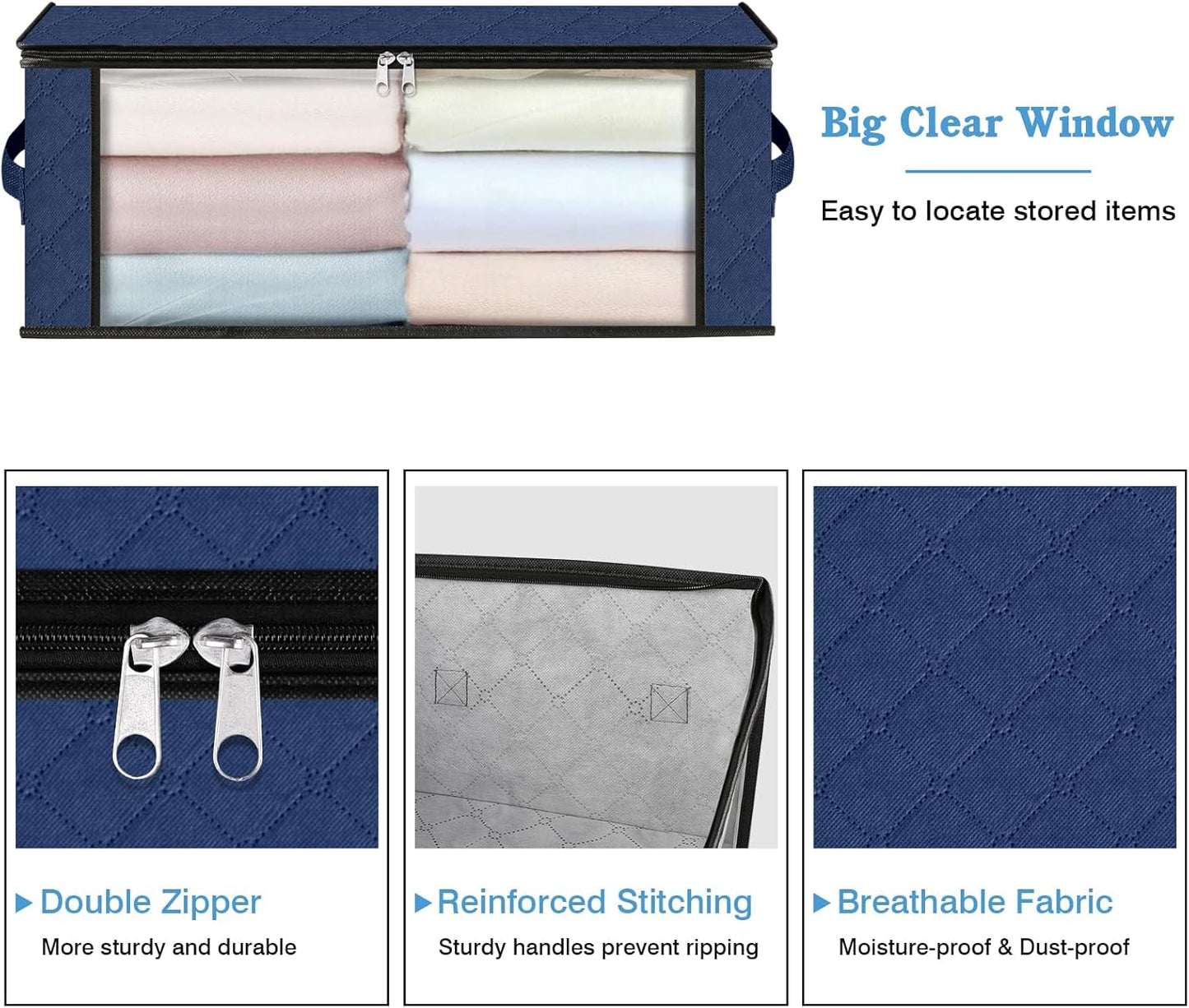 HomeHacks Storage 10-Pack Clothes Organizer Storage Bags Foldable Storage Box with Large Clear Window Sturdy Handles for Closet, Dorm, Pillows, Bedding, Clothes, Blankets, 35L, Blue